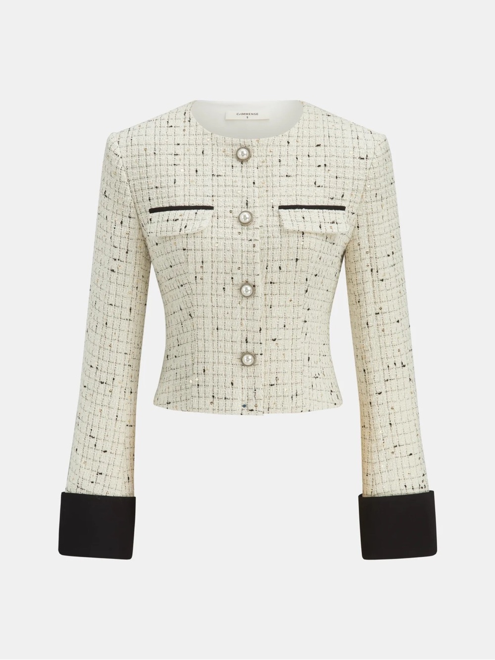 Commense Women’s Cream Tweed Cropped Jacket with Black Cuffs XL